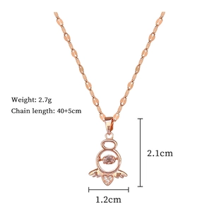 Detail of rose gold angel wing heart necklace with stones and size dimensions