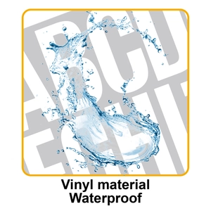 Waterproof vinyl material detail showing heavy water splashes on large letter stickers