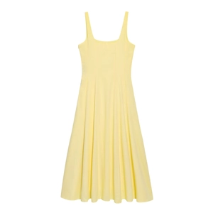 Pale yellow sleeveless midi dress with fitted waist and balloon silhouette design