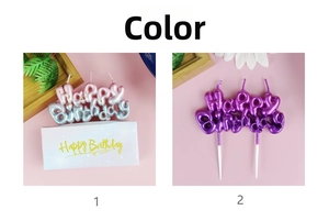 Close-up of Happy Birthday candles in pink blue gradient and purple metallic finish