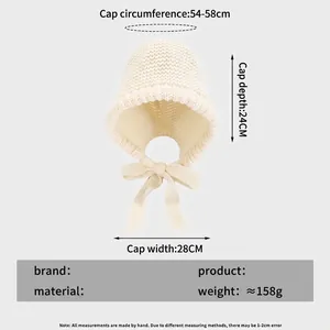 Winter warm knitted ear protection hat with size chart for women in beige acrylic
