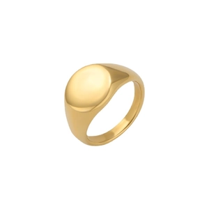 Minimalist gold oval signet ring with a polished mirror finish on a clean white background