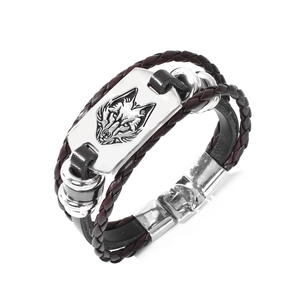 Herren Vintage Lederarmband mit geflochtenem Design und graviertem Silber-Wolfskopf