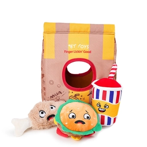 Fast food plush squeaky dog puzzle toy set featuring hamburger, chicken leg, and soda cup