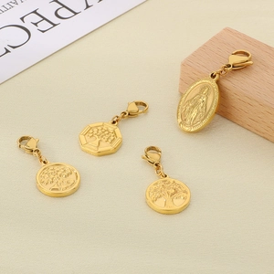 Set of four gold stainless steel tree of life and Virgin Mary pendants with lobster clasps