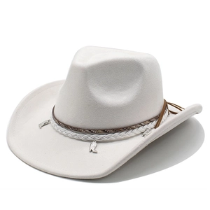 Detail of western suede hat with woven rope, snake skin band and silver boot charms