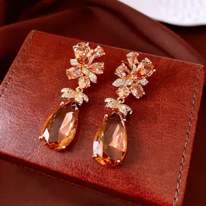 Boucles D'oreilles Pendantes Goutte Vintage Zircon Ambre Fleur Cluster Cuivre Avec Tige En Argent Bijoux Rétro Élégants Pour Femmes