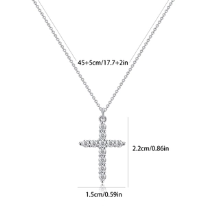 Detail shot of zircon-encrusted cross pendant with precise dimensions and chain length