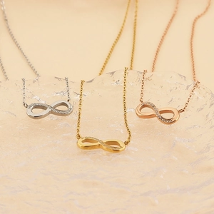 Three 18k gold plated infinity symbol jewelry sets in silver, gold and rose gold colors