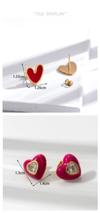 Detail view showing red enamel heart earrings and pink heart zircon studs with dimensions