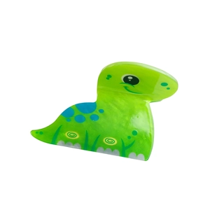 Cute green dinosaur acrylic hair clip with blue spots and yellow spiral for children