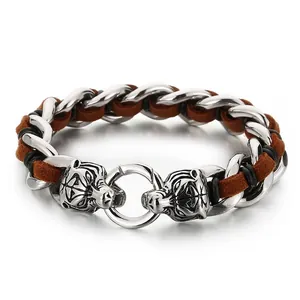 Men Tiger Head Bracelet Stainless Steel Braided Leather Cord Retro Punk Heavy Duty Jewelry