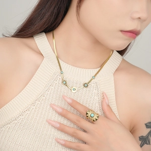 Bohemian gold snake chain necklace with oval turquoise pendants and sunflower ring set