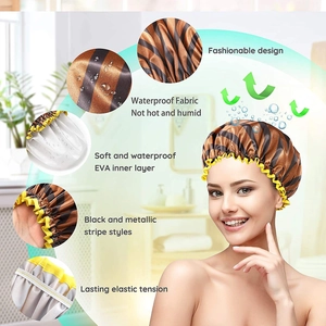 Detail view of double-layer waterproof shower cap featuring metallic stripes and EVA lining