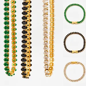 Elegant French Retro Tennis Bracelet For Women Stainless Steel Gold Plated With Oval Colorful Cubic Zirconia