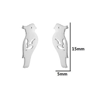 Macro view of bird-shaped silver stud earrings showing dimensions 15mm by 5mm
