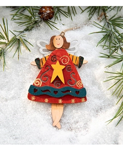 Handcrafted wooden Christmas angel pendant with golden stars and rustic pine cone setting