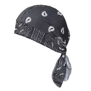 Elastic black bandana with white paisley pattern and tie-back for sports and cycling