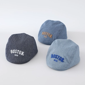 Baby Newsboy Cap Cotton Denim Beret Hat Boston Embroidery Adjustable Breathable Sun Hat For Infant Toddler Boys Girls