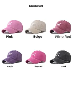Color display of washed cotton baseball caps featuring white butterfly embroidery accents