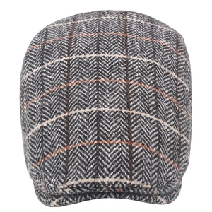 Mens vintage herringbone wool newsboy cap with adjustable plaid tweed check design