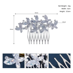 Detailed view of silver zircon hair comb with marquise cut stones and 8cm dimensions