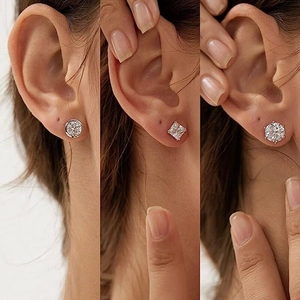 Geometric Cubic Zirconia Stud Earrings Copper Real Gold Plated Classic Round Square Bezel Set Jewelry For Women