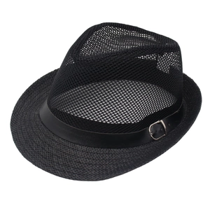 Breathable black hollow-out Panama hat with mesh top and buckled leather band accessory