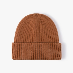 Thick double-layered ribbed knit beanie in caramel brown for winter warmth