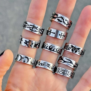 Gothic Punk Stainless Steel Rings Flame Cross Butterfly Dragon Patterned Band Jewelry For Men Women Unisex Hip Hop Rock