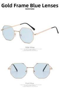 Front and side view of gold polygonal metal sunglasses with light blue lenses