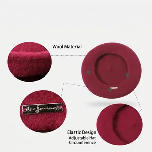 Classic burgundy wool beret for women with adjustable band and metal decorative logo