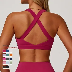 Reggiseno sportivo viola ad alto sostegno con spalline incrociate e tessuto a coste