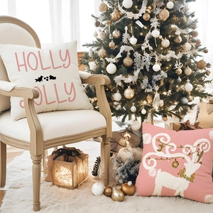 Pink Christmas tree and deer linen pillow covers for festive holiday sofa decoration