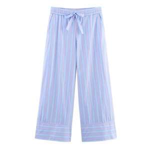 Women's blue striped loungewear pants with elastic drawstring waist and bow detail