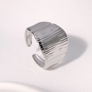Adjustable silver titanium steel open ring with irregular pleated texture design