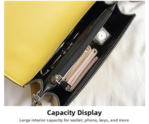 Detail view of the spacious inner compartments of the yellow and black crossbody bag