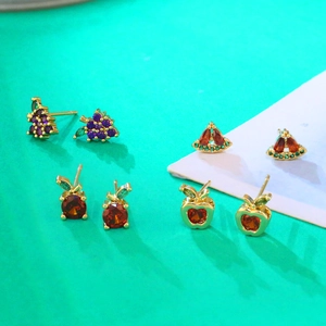 Detailed view of rhinestone tropical fruit stud earrings set featuring grape and watermelon