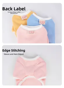 Close-up of pet shirts featuring waffle texture fabric and gummy bear woven labels