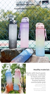 Detail showing 1000ml sports water bottle with time markers and frosted gradient finish