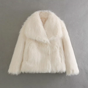Detailed view of the fluffy faux fur texture on the cream white wide collar coat
