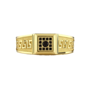 Men's gold-plated ring with large black gemstone and Greek meander pattern sides