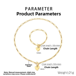 Spécifications de taille pour collier et bracelet trombone doré avec pendentifs cœur