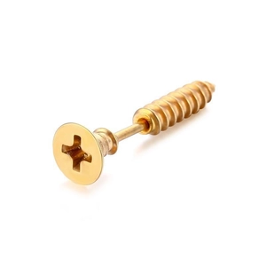 Macro side view of gold stainless steel screw shaped stud earring with Phillips head