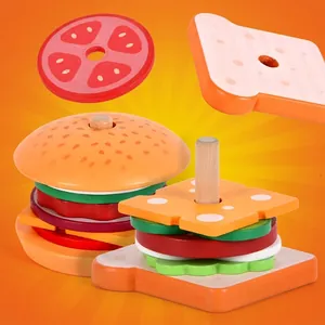 Stackable wooden burger and sandwich playset with toy food components on wooden base