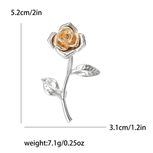 Two-tone silver and gold rose flower brooch with precise size and weight measurements