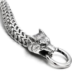 Men's stainless steel Viking wolf head Franco Link bracelet with intricate woven texture