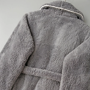 Thickened gray plush hooded bathrobe for couples with long fleece texture and tie belt