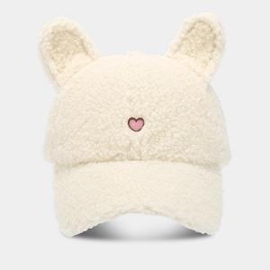 Cute off-white fuzzy baseball cap with plush animal ears and pink heart embroidery