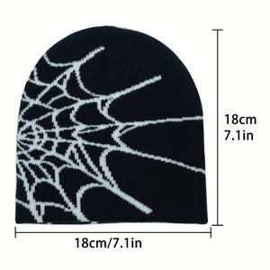 Black knit beanie with white spider web pattern showing 18cm dimensions for winter